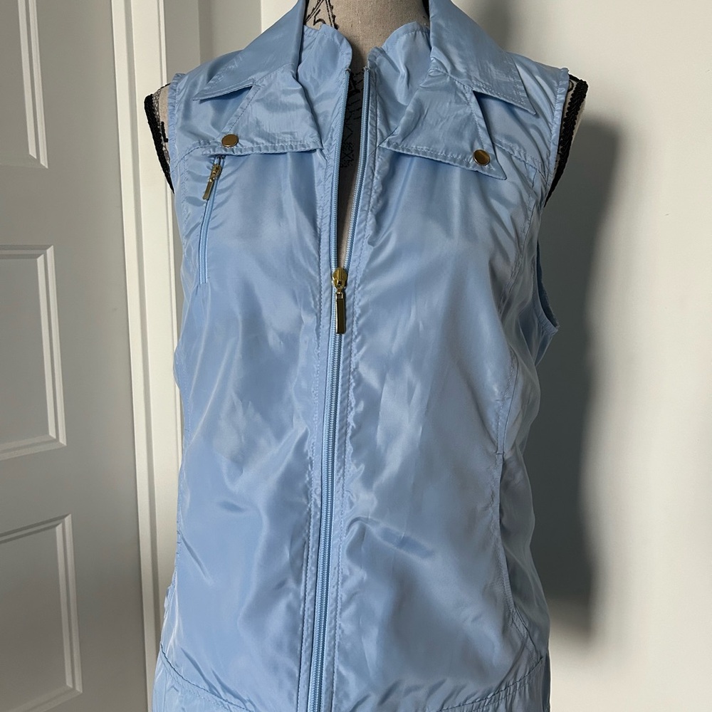 Beautiful blue vest zipper closure with gold button by Sport Haley, Size M.